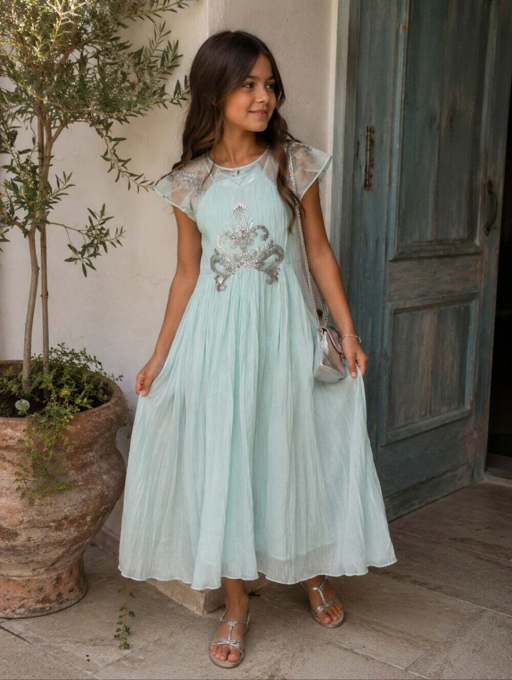 Monsoon Aqua Sequin Beaded Party Dress Girls Size 8 Princess Fairy Formal